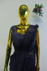 Navy Blue China Silk Ready To Wear Saree With Diamond Work Blouse