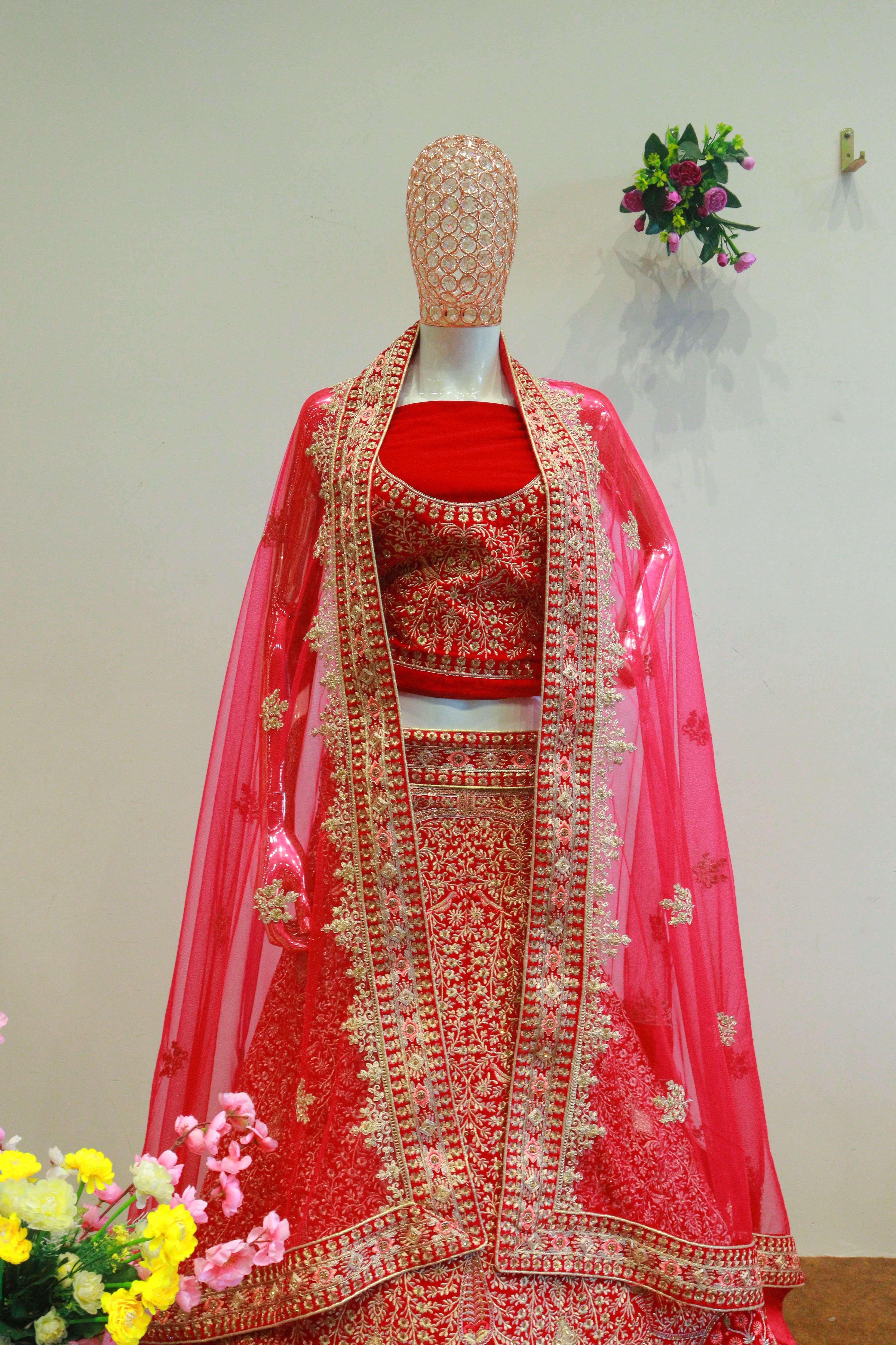 Pink Velvet Bridal Lehenga With Embroidery Work