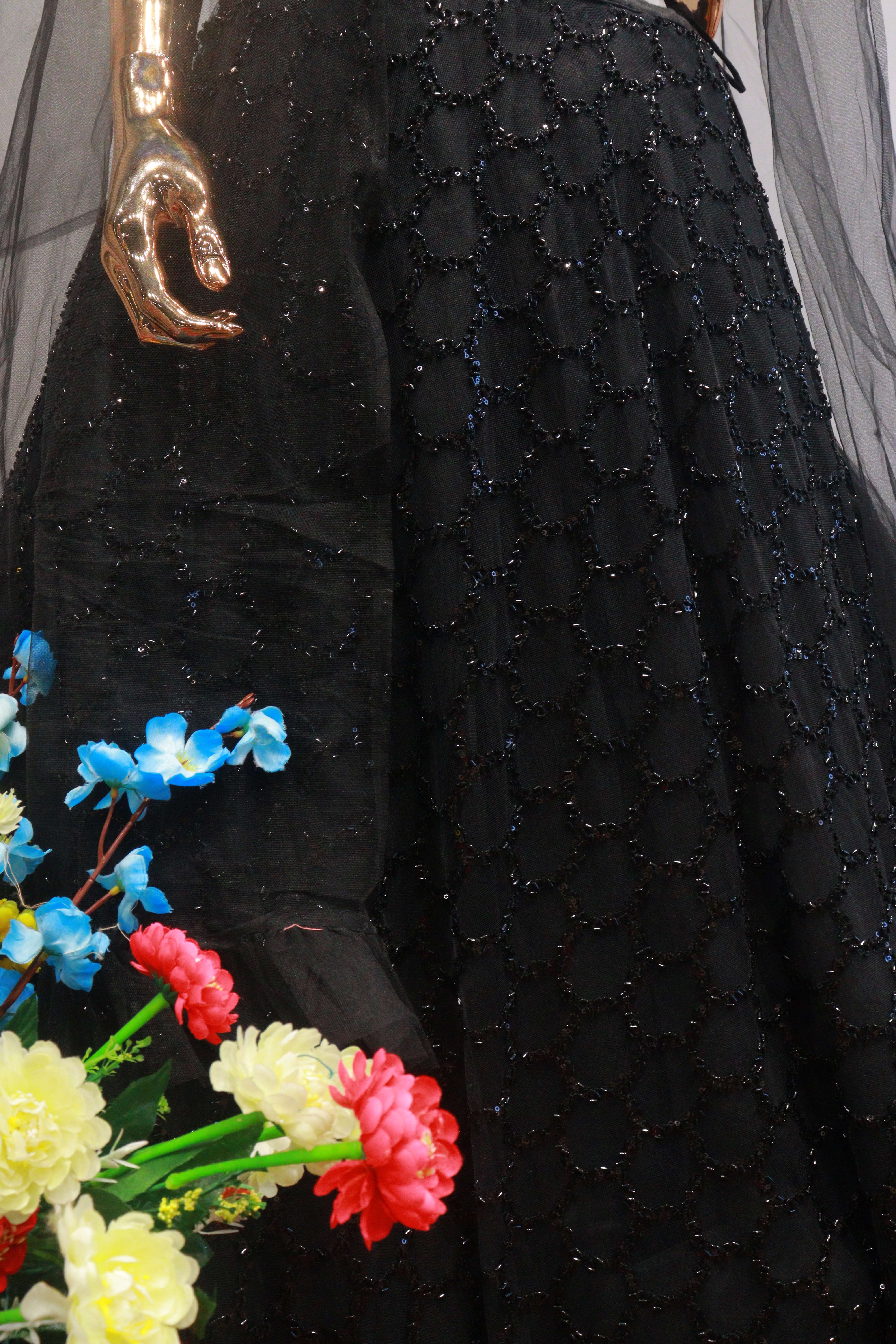 Black Net Crop-Top With Hand Work