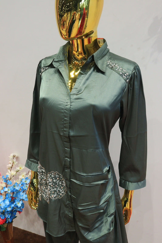 Green Silk Cord-Set With Hand Work