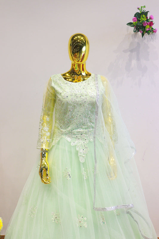 Green Net Gown With Embroidery Work
