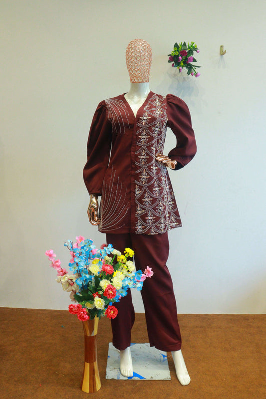 Brown Dival Cord-Set With Moti Work