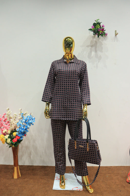 Black Chex Mul Cotton Cord-Set With Exclusive Handbag