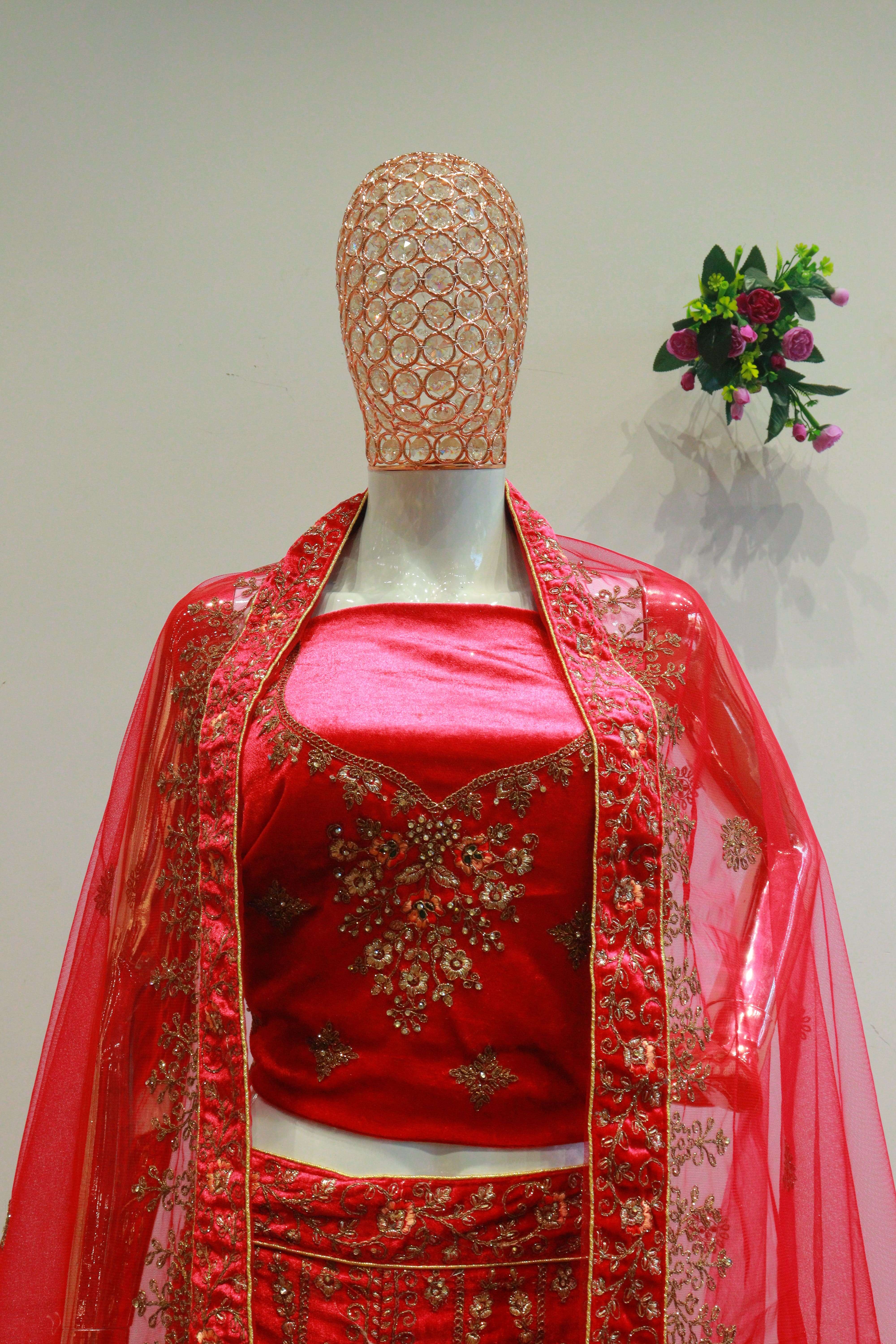 Rani Pink Velvet Bridal Lehenga With Embroidery Work