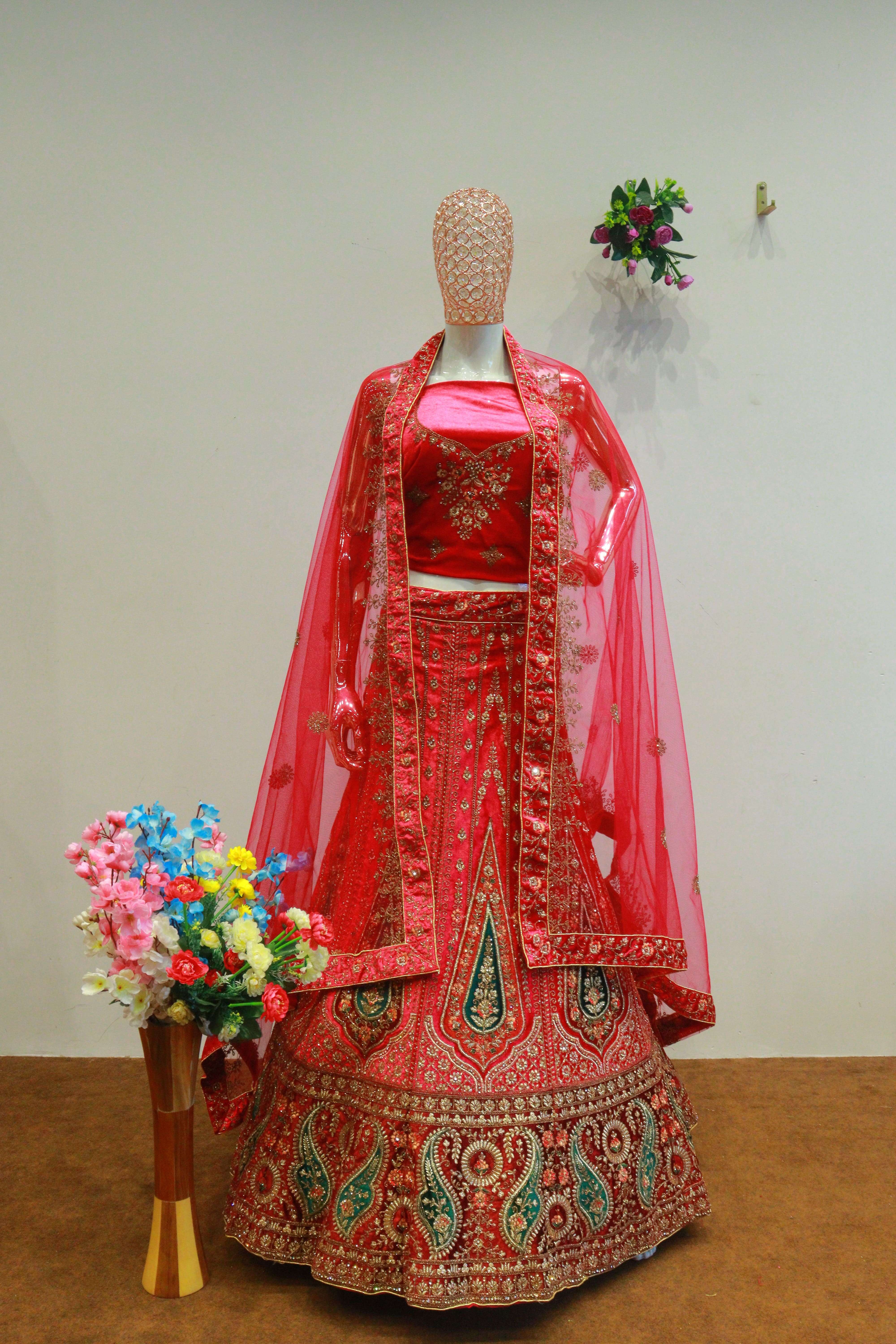 Rani Pink Velvet Bridal Lehenga With Embroidery Work