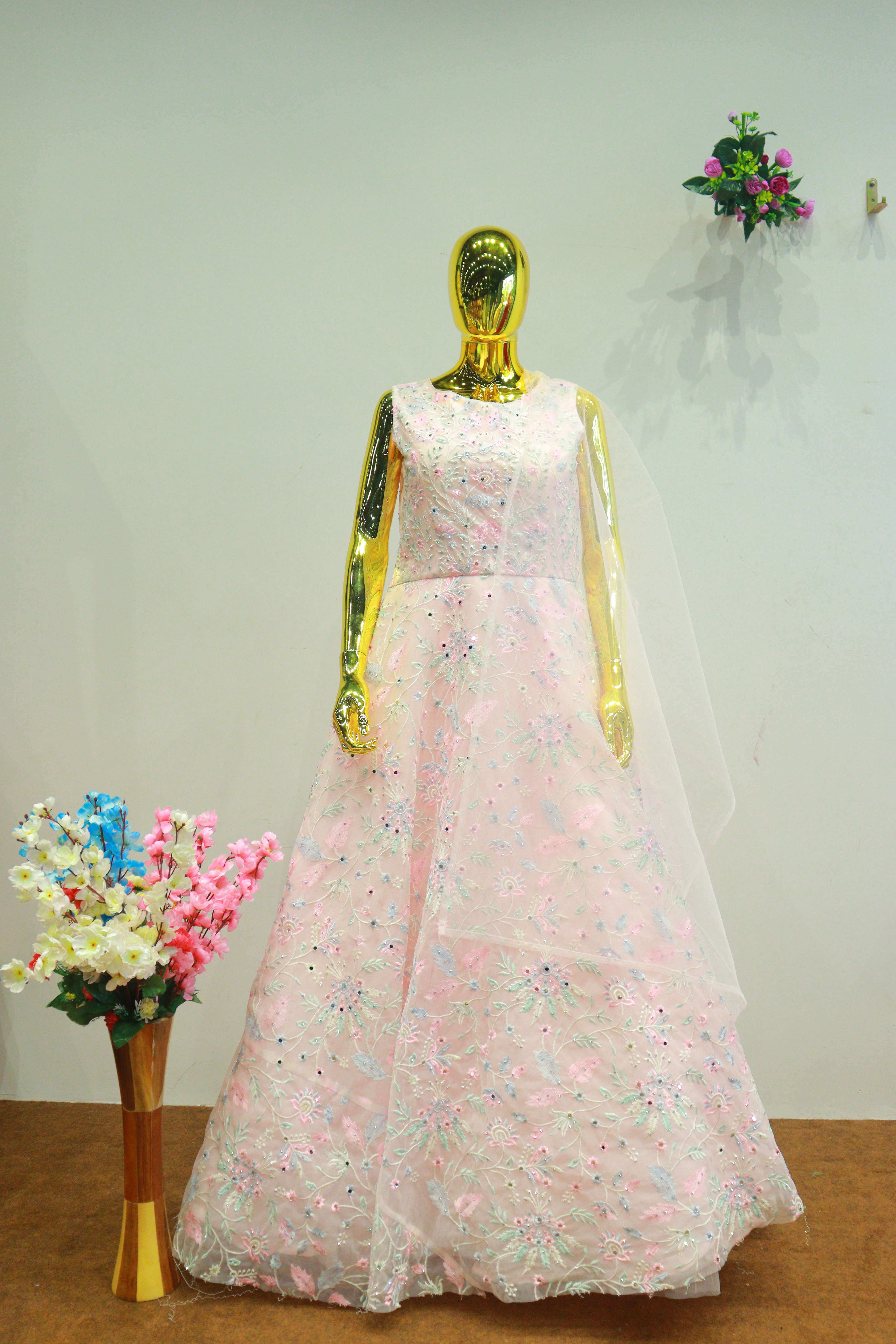 Baby Pink Net Gown With Embroidery Work