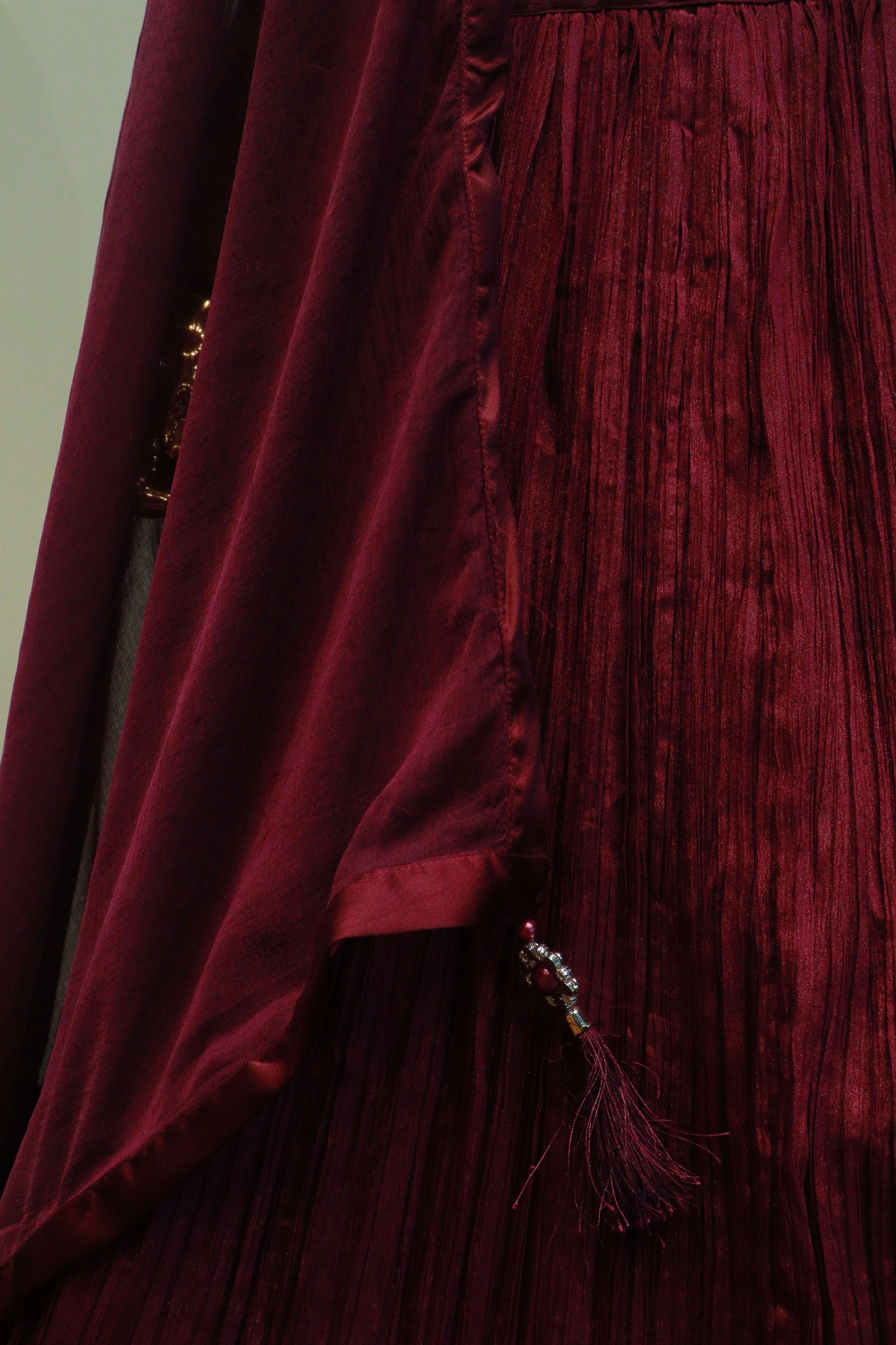 Wine Silk Mirror Work Crop-Top With Hand Work Jacket