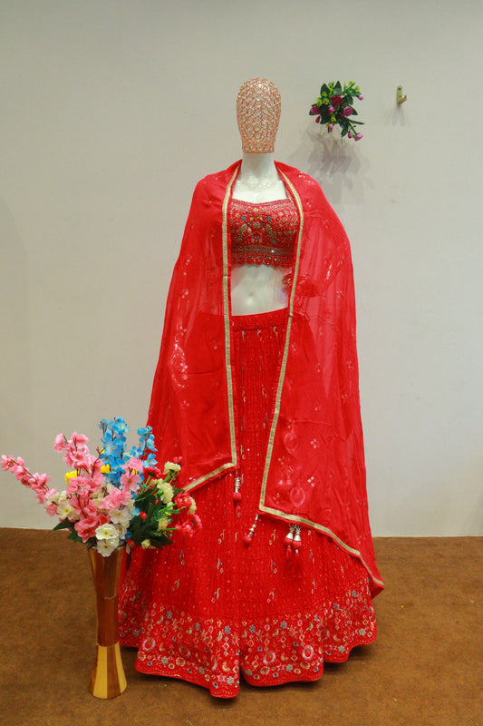 Cherry Red Crush Georgette Crop-Top With Hand Work Blouse