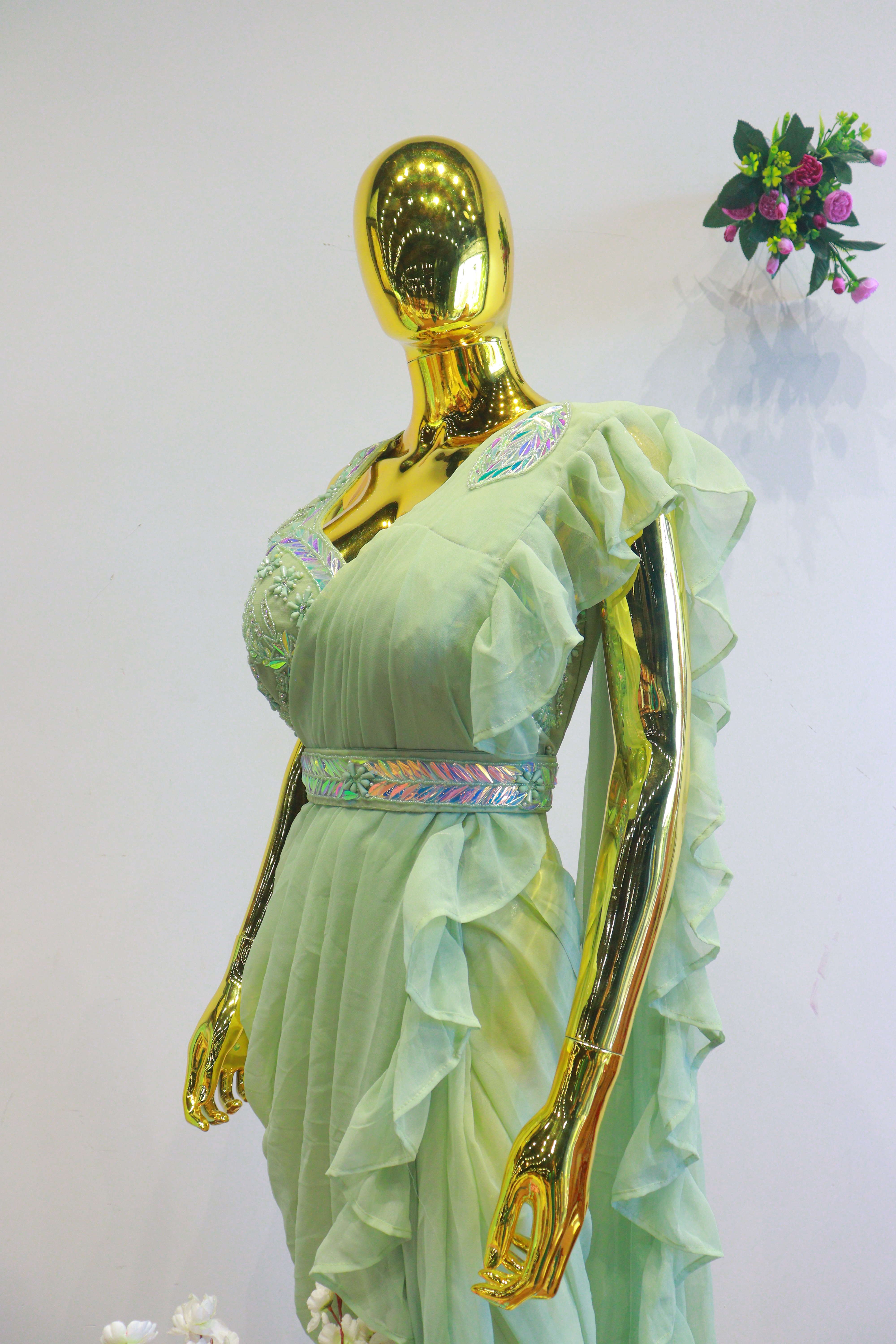 Pista Green Georgette Ready To Wear Saree With Moti Work Blouse