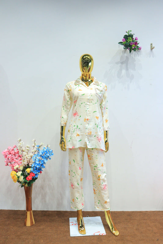 White Cotton Hand Work Cord-Set With Digital Print