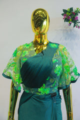 Green Silk Ready To Wear Saree With Net Embroidery Blouse