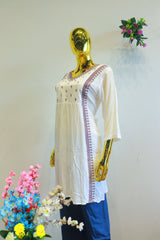 White Lilan Slub Top With Embroidery Work