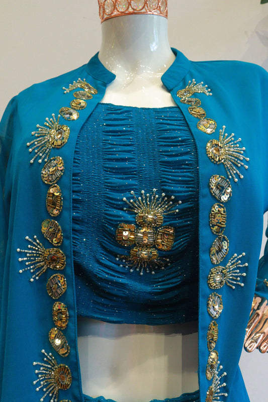 Blue Shrug Georgette Viscos Cord-Set With Hand Work