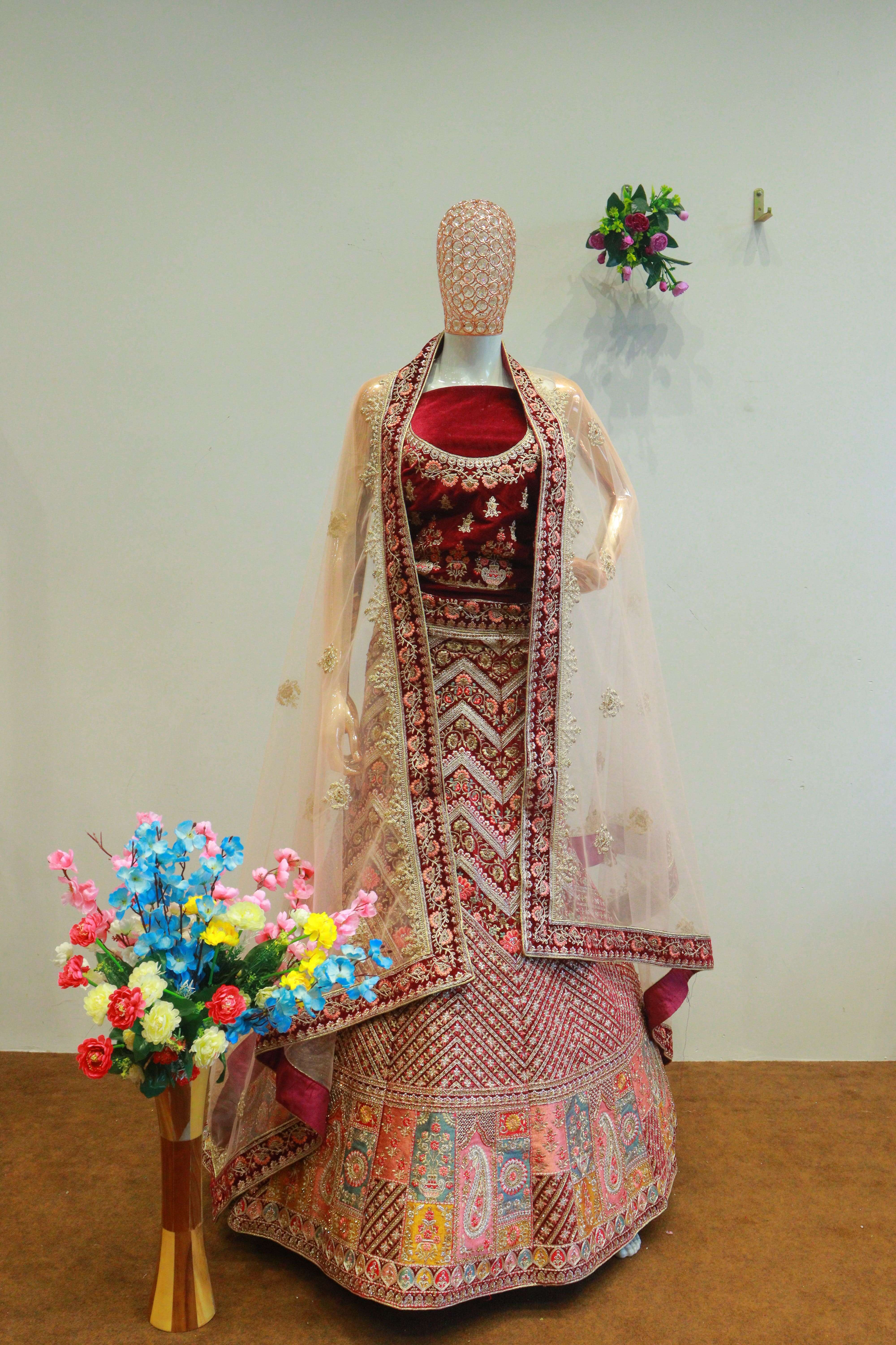 Wine Velvet Bridal Lehenga With Embroidery Work