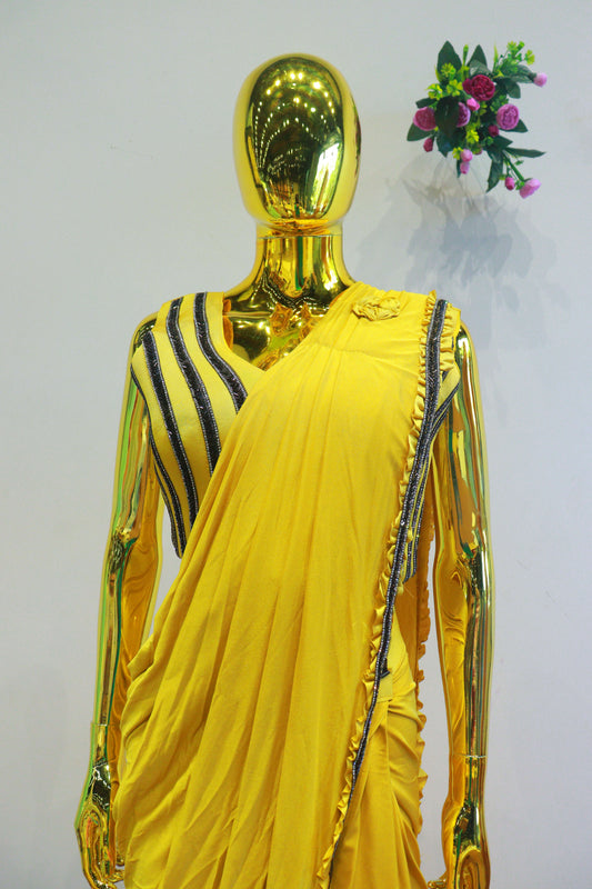 Yellow China Silk Ready To Wear Saree With Hand Work Blouse