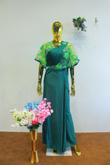 Green Silk Ready To Wear Saree With Net Embroidery Blouse