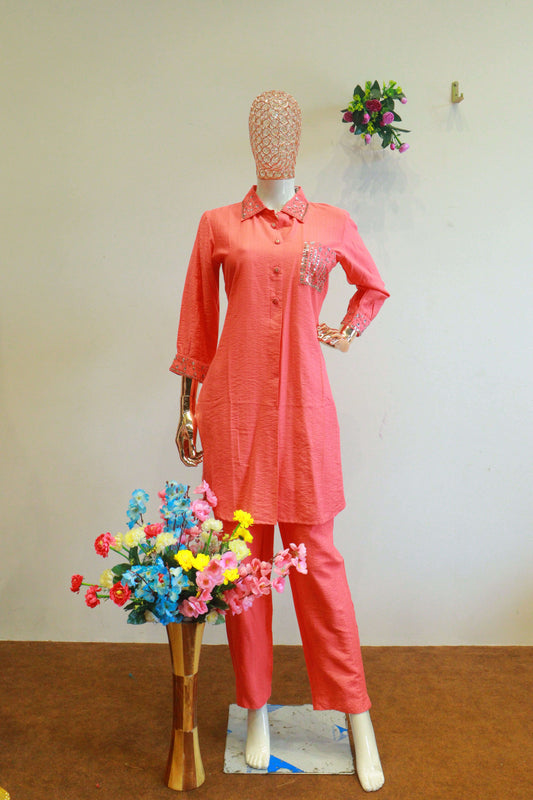 Peach Slub Cotton Cord-Set With Embroidery Work