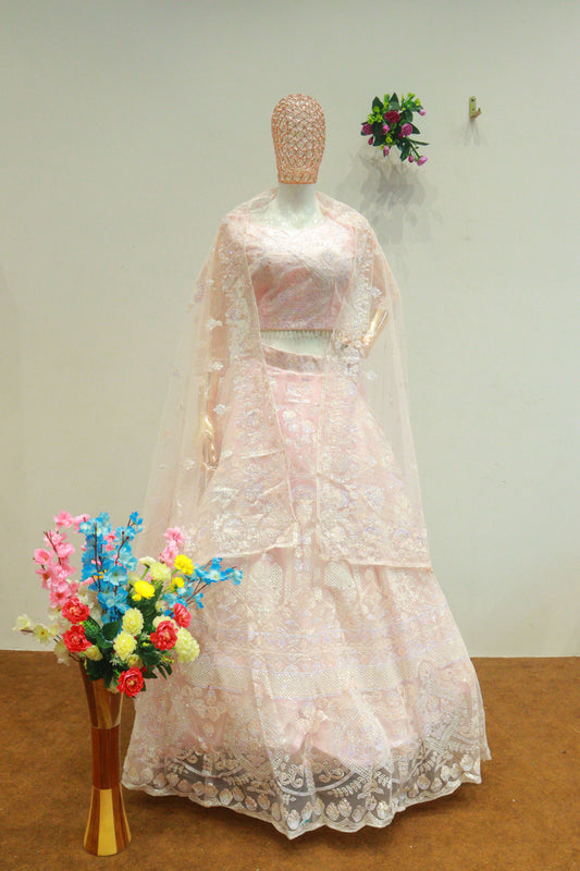 Pink Net Crop-Top With Reti Work