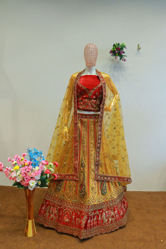 Yellow Velvet Bridal Lehenga With Rajwadi Pattern