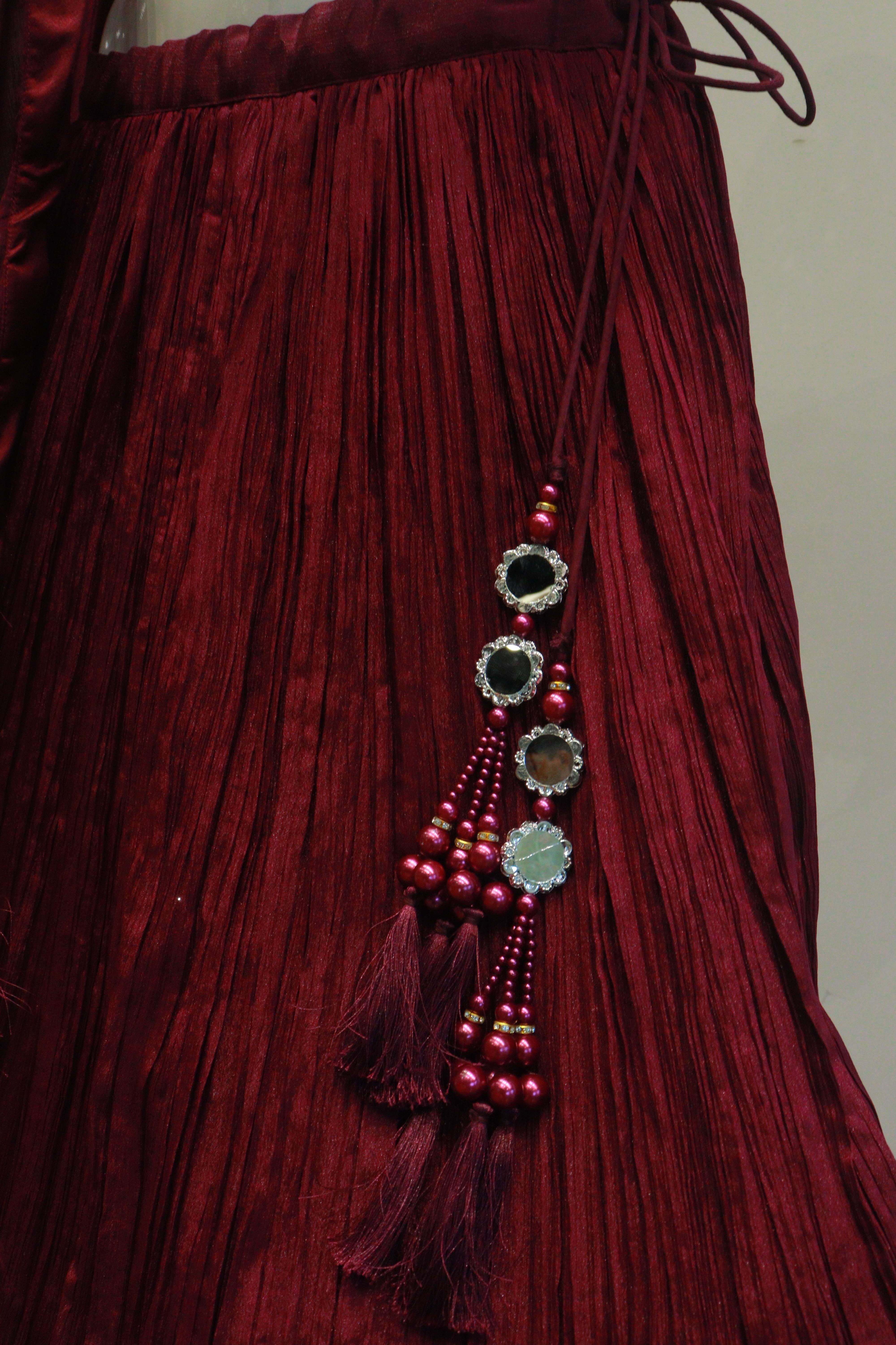 Wine Silk Mirror Work Crop-Top With Hand Work Jacket