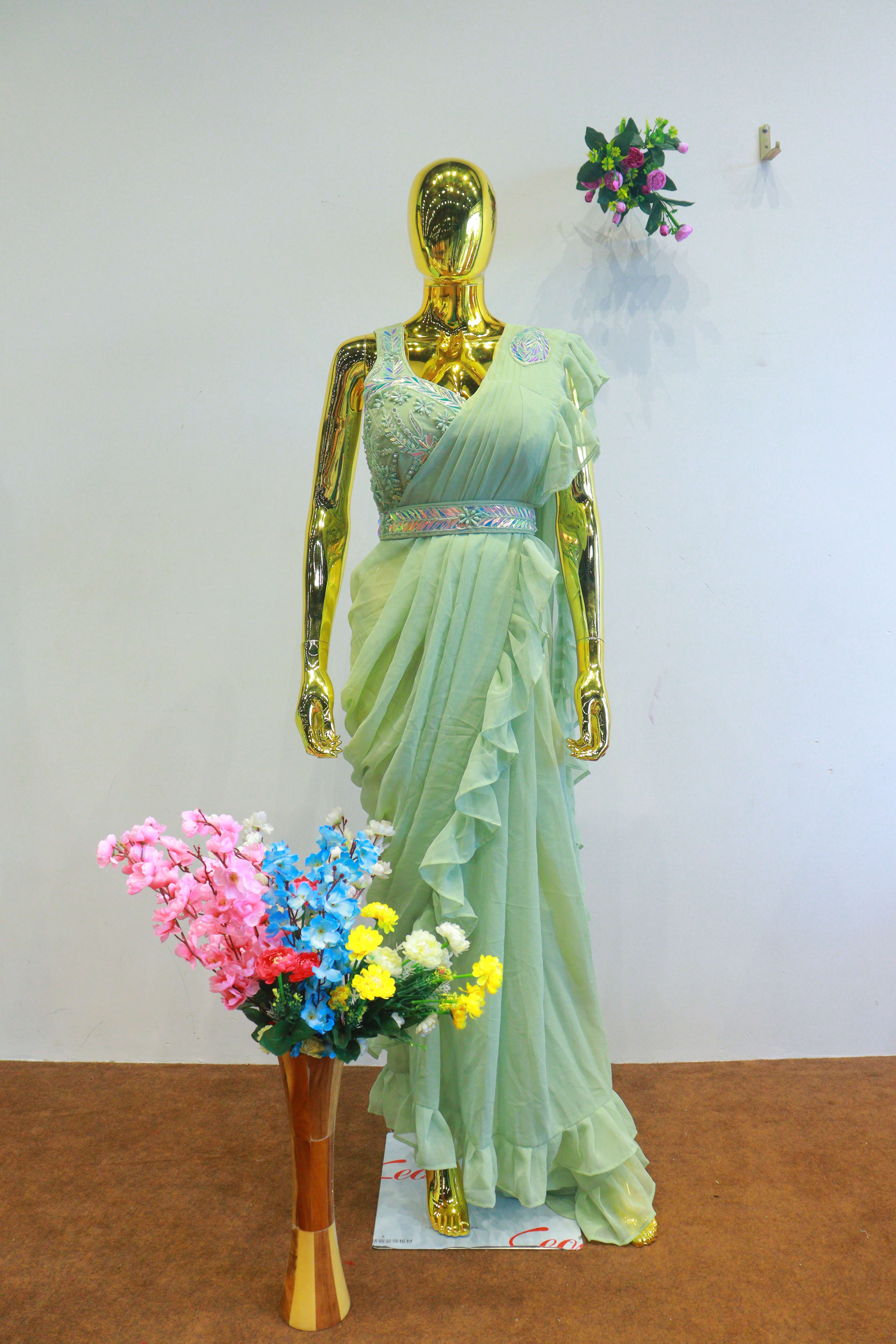 Pista Green Georgette Ready To Wear Saree With Moti Work Blouse