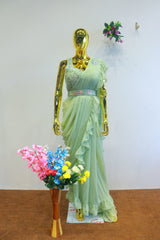 Pista Green Georgette Ready To Wear Saree With Moti Work Blouse