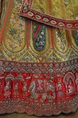 Yellow Velvet Bridal Lehenga With Rajwadi Pattern