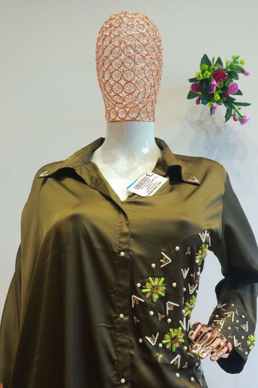 Mehendi Green Satin Silk Cord-Set With Moti Hand Work