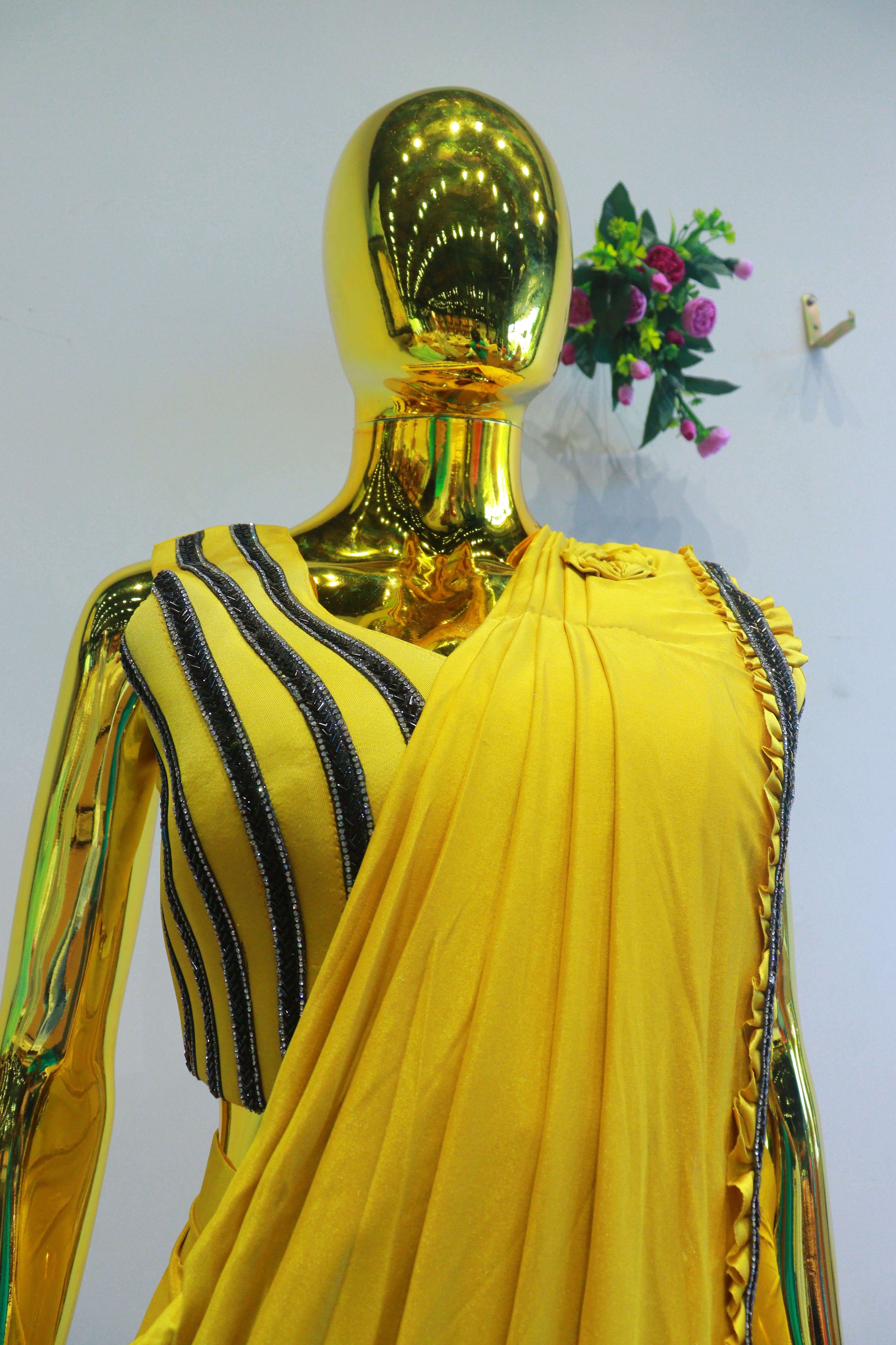 Yellow China Silk Ready To Wear Saree With Hand Work Blouse