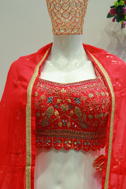 Cherry Red Crush Georgette Crop-Top With Hand Work Blouse