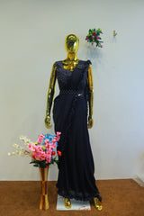Navy Blue China Silk Ready To Wear Saree With Diamond Work Blouse
