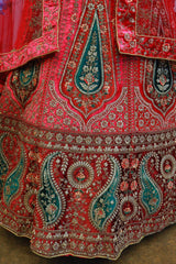 Rani Pink Velvet Bridal Lehenga With Embroidery Work