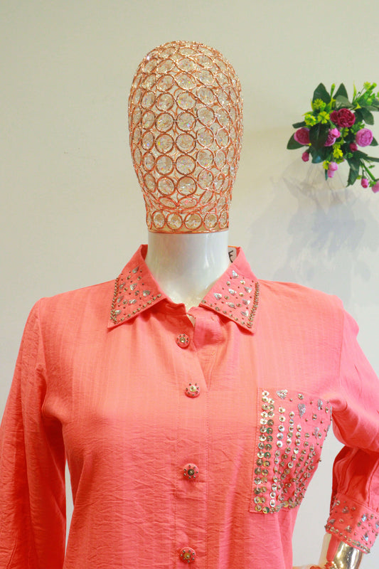 Peach Slub Cotton Cord-Set With Embroidery Work