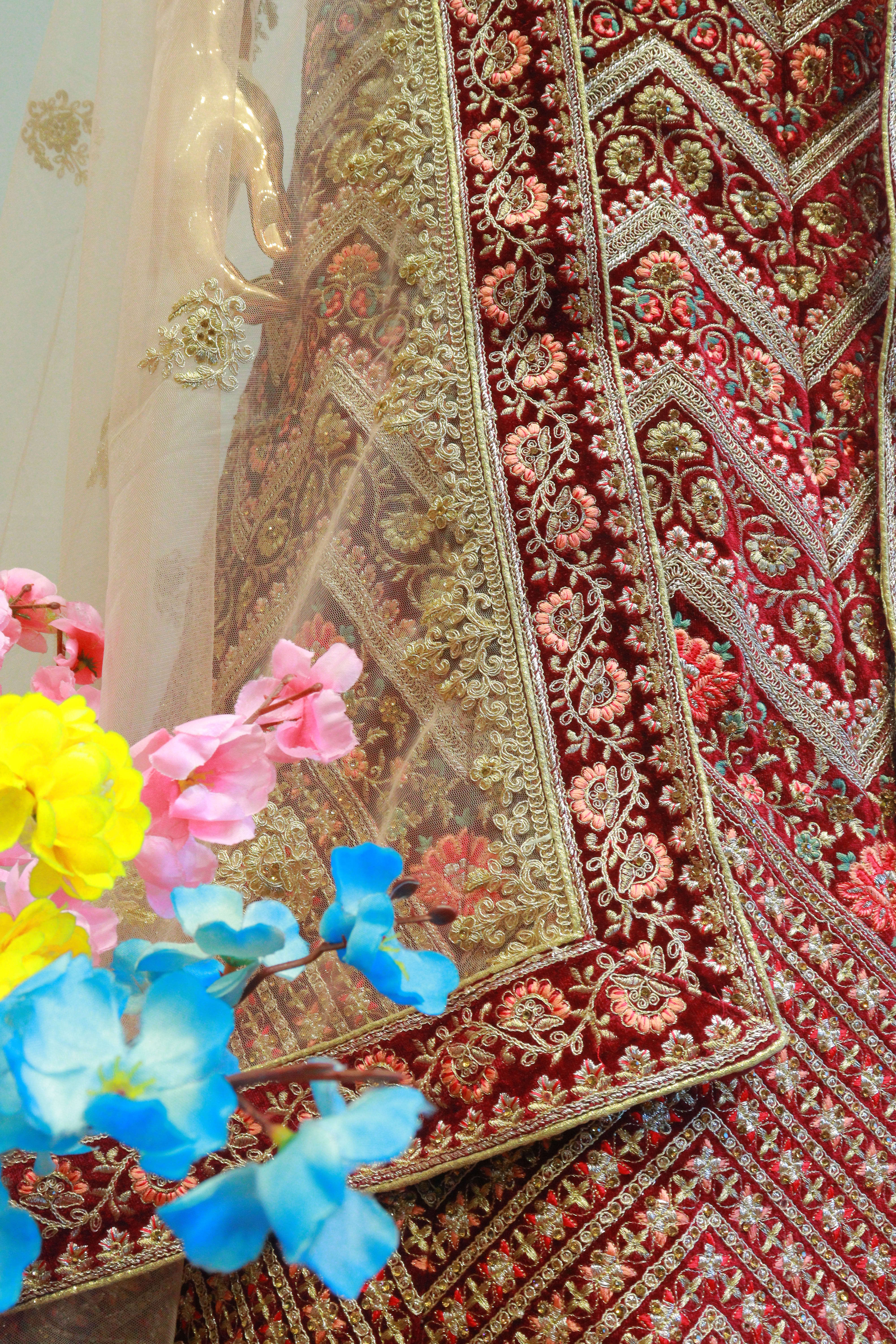 Wine Velvet Bridal Lehenga With Embroidery Work