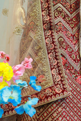 Wine Velvet Bridal Lehenga With Embroidery Work