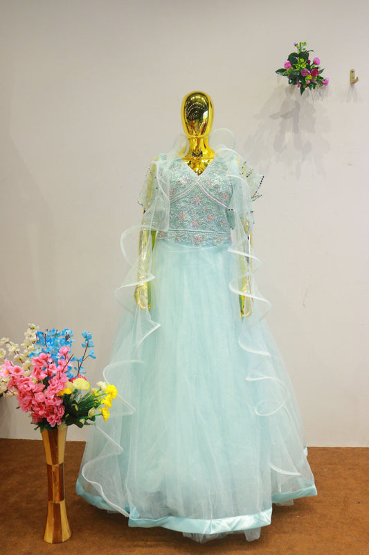 Sky Blue Net Gown With Moti Hand Work