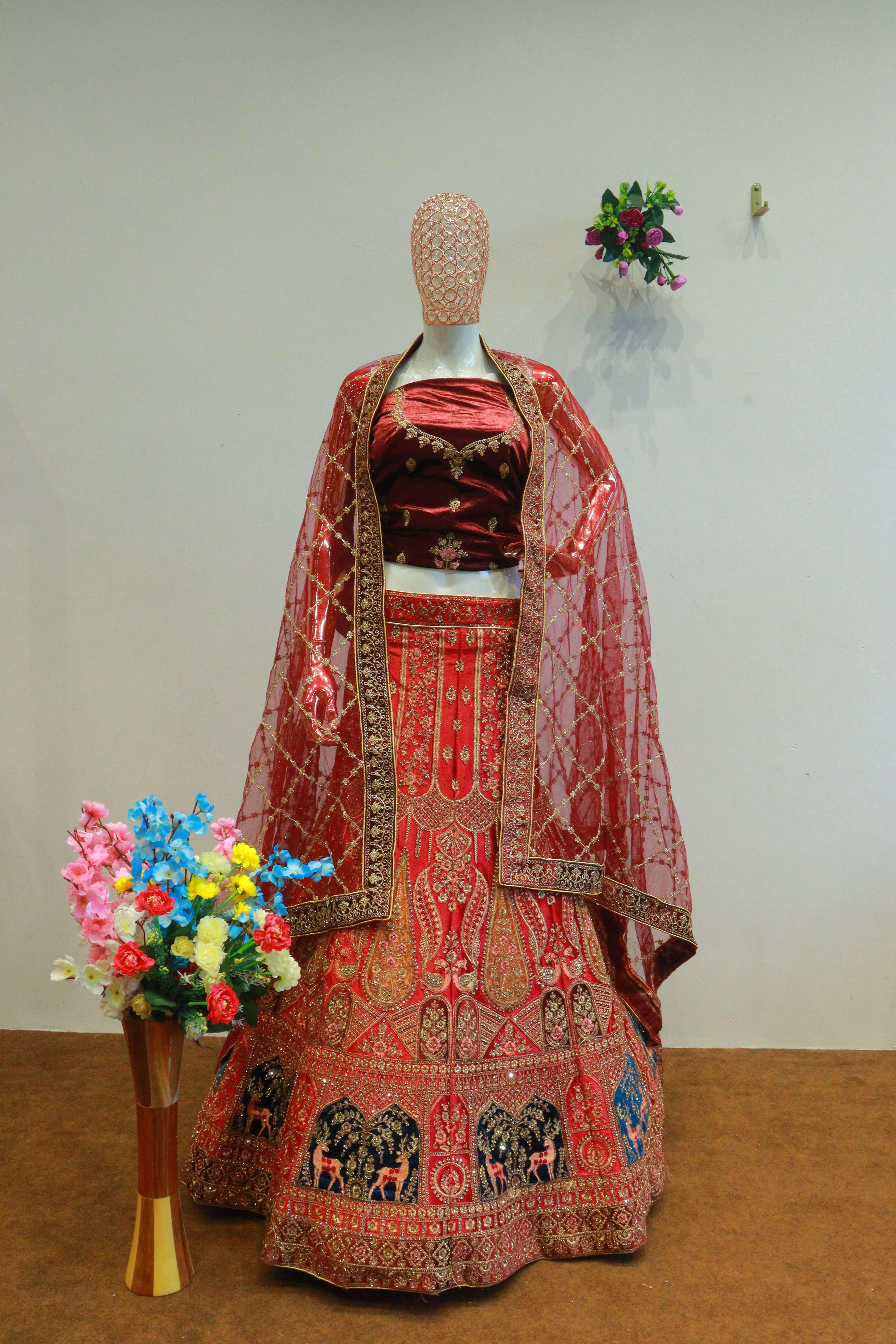 Multi Velvet Bridal Lehenga With Embroidery Work