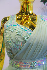 Pista Green Georgette Ready To Wear Saree With Moti Work Blouse