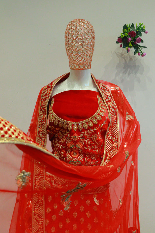 Red Velvet Bridal Lehenga With Embroidery Work