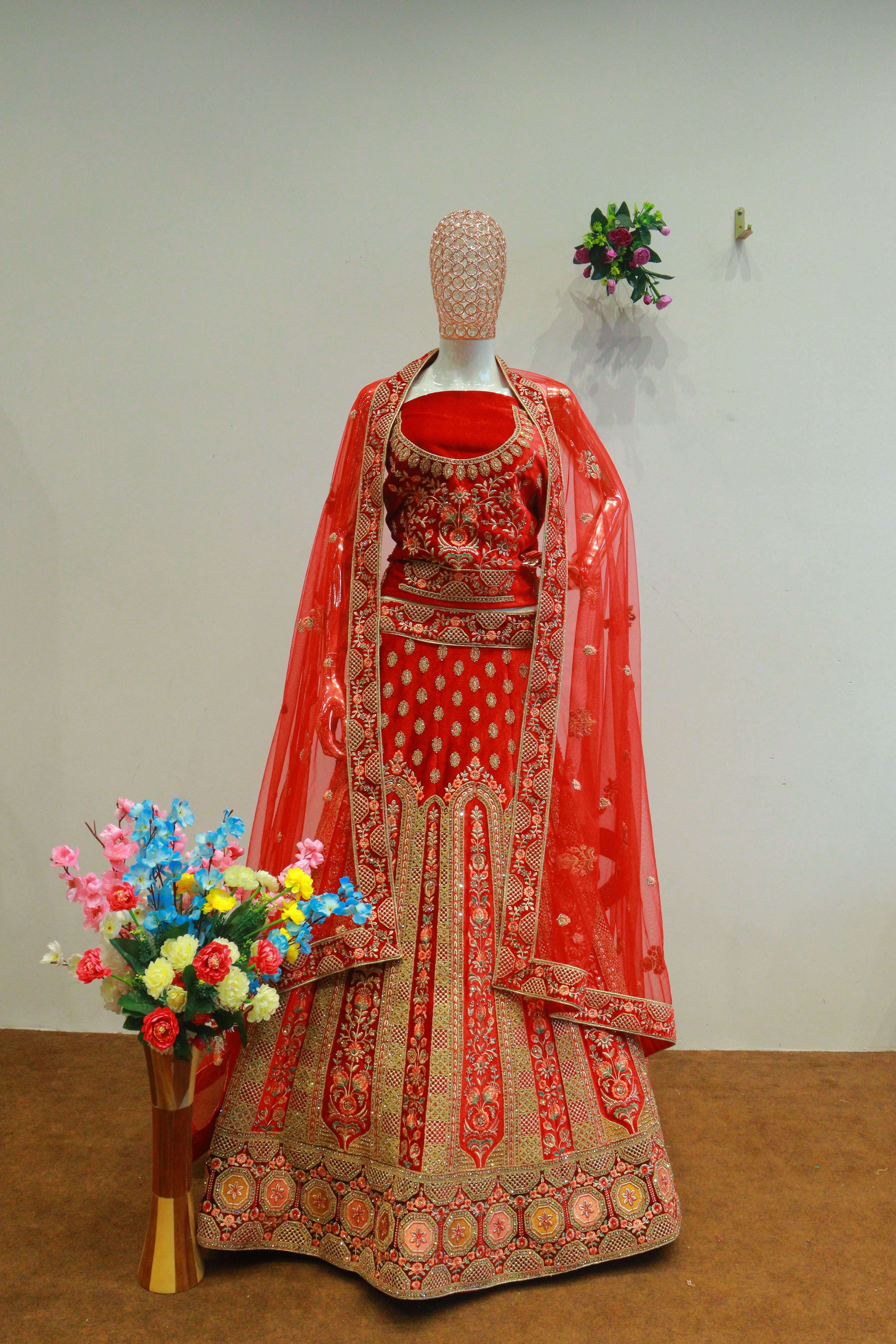 Red Velvet Bridal Lehenga With Embroidery Work