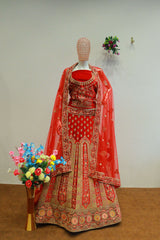 Red Velvet Bridal Lehenga With Embroidery Work