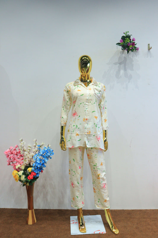 White Cotton Hand Work Cord-Set With Digital Print