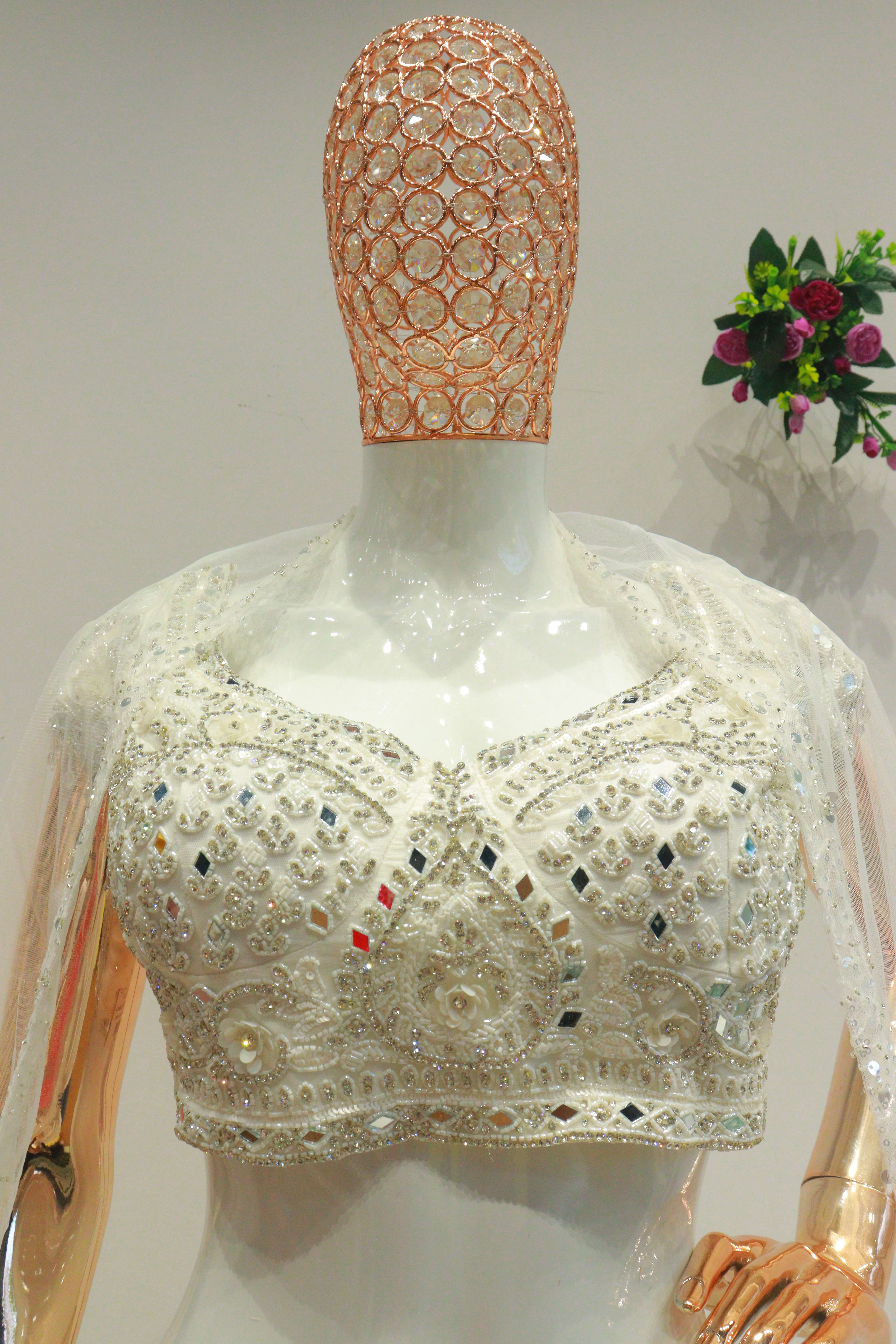 White Net Crop-Top With Moti Hand Work Blouse