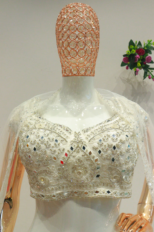 White Net Crop-Top With Moti Hand Work Blouse