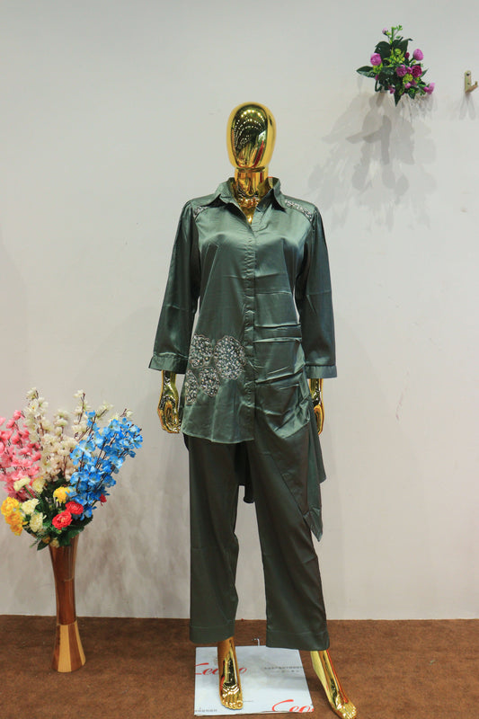 Green Silk Cord-Set With Hand Work