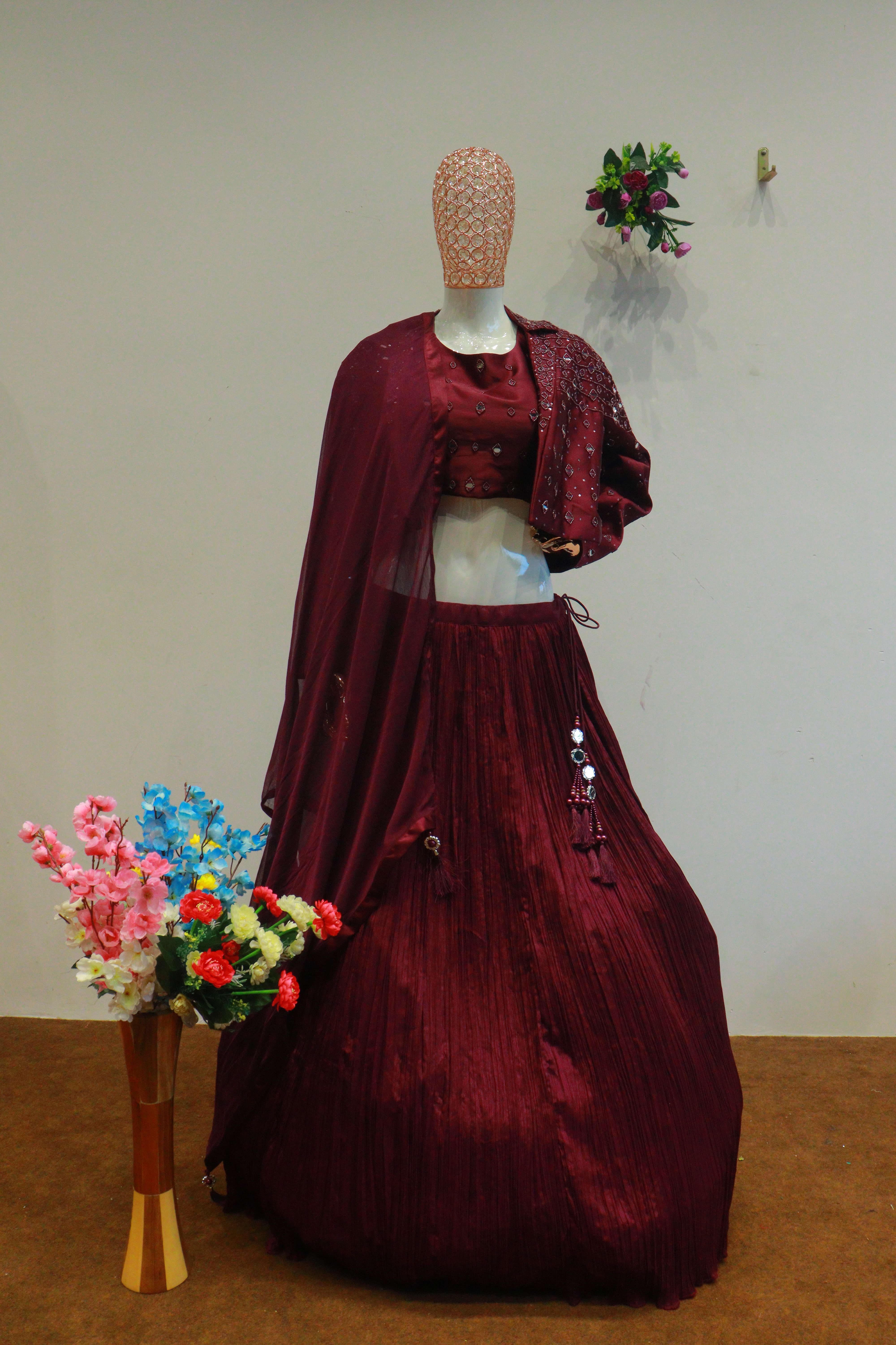 Wine Silk Mirror Work Crop-Top With Hand Work Jacket