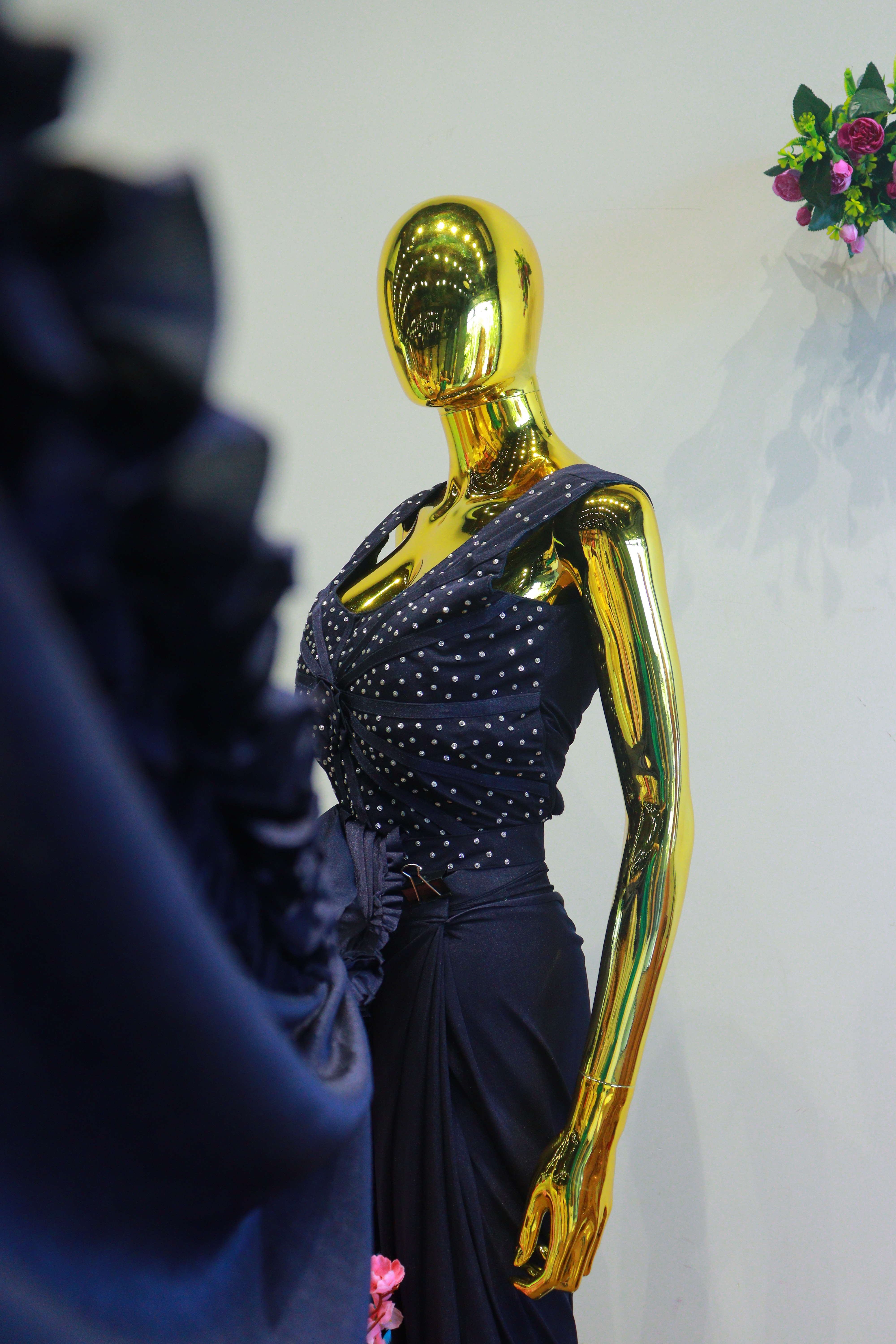 Navy Blue China Silk Ready To Wear Saree With Diamond Work Blouse