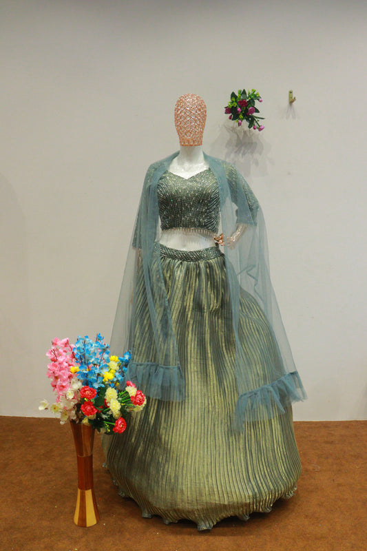 Green Crush Crop-Top With Moti Hand Work Blouse