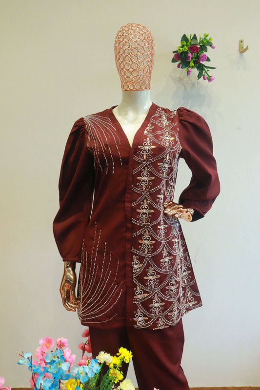 Brown Dival Cord-Set With Moti Work