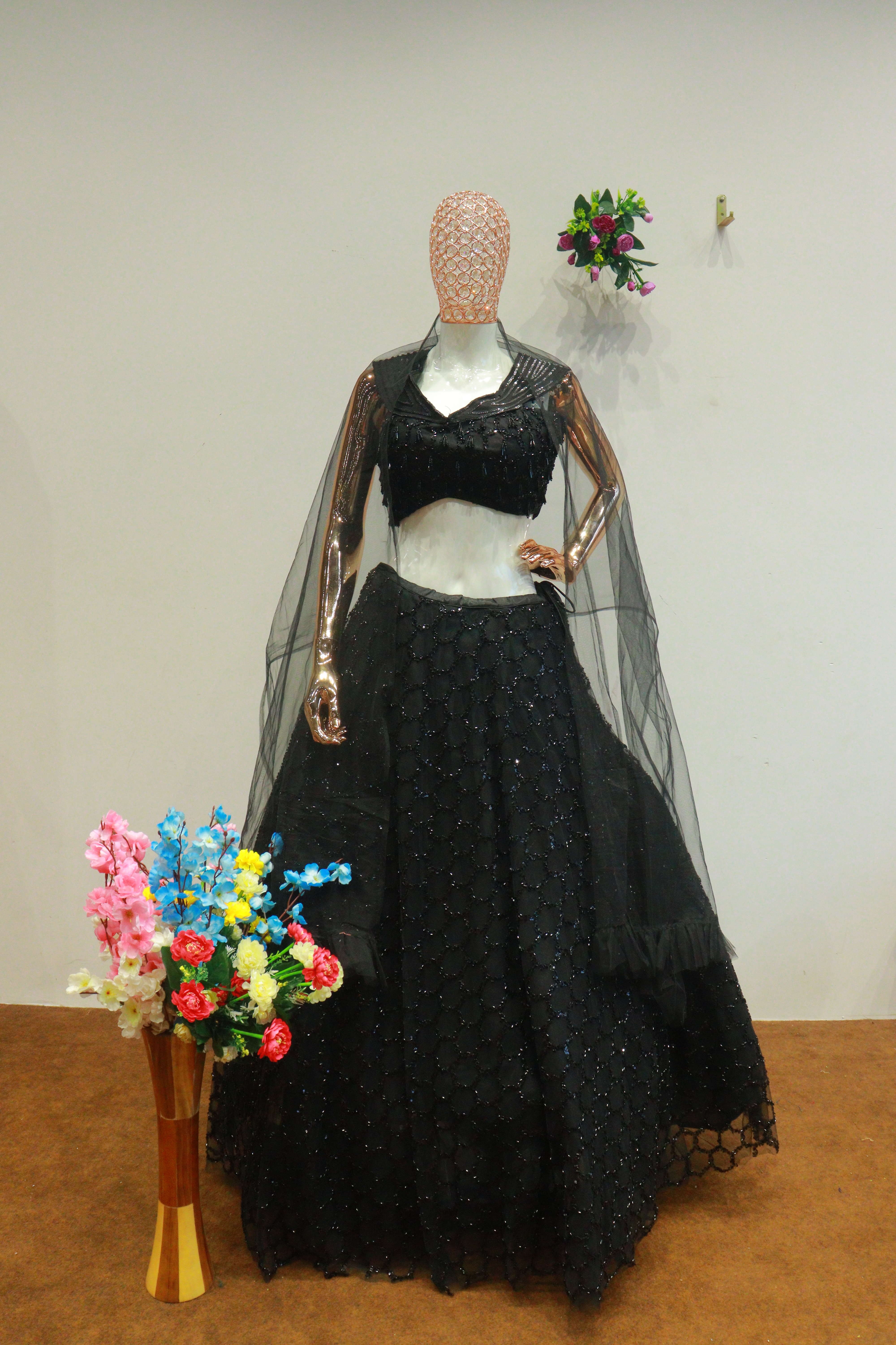 Black Net Crop-Top With Hand Work